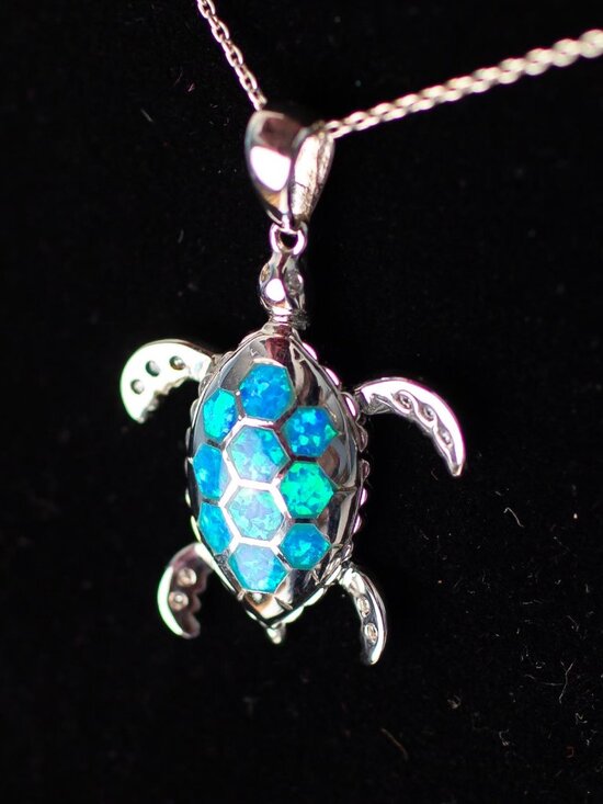 Jewelry - 925 Sterling Silver Sea Turtle Necklace Blue Opal Inlay Pendant Ocean Jewelry